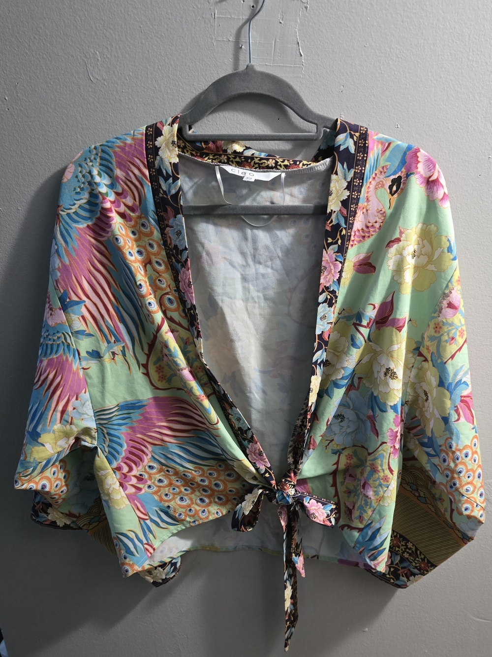 cleo Floral & Peacock Print Tie-Front Blouse in Mint, Pink, Blue